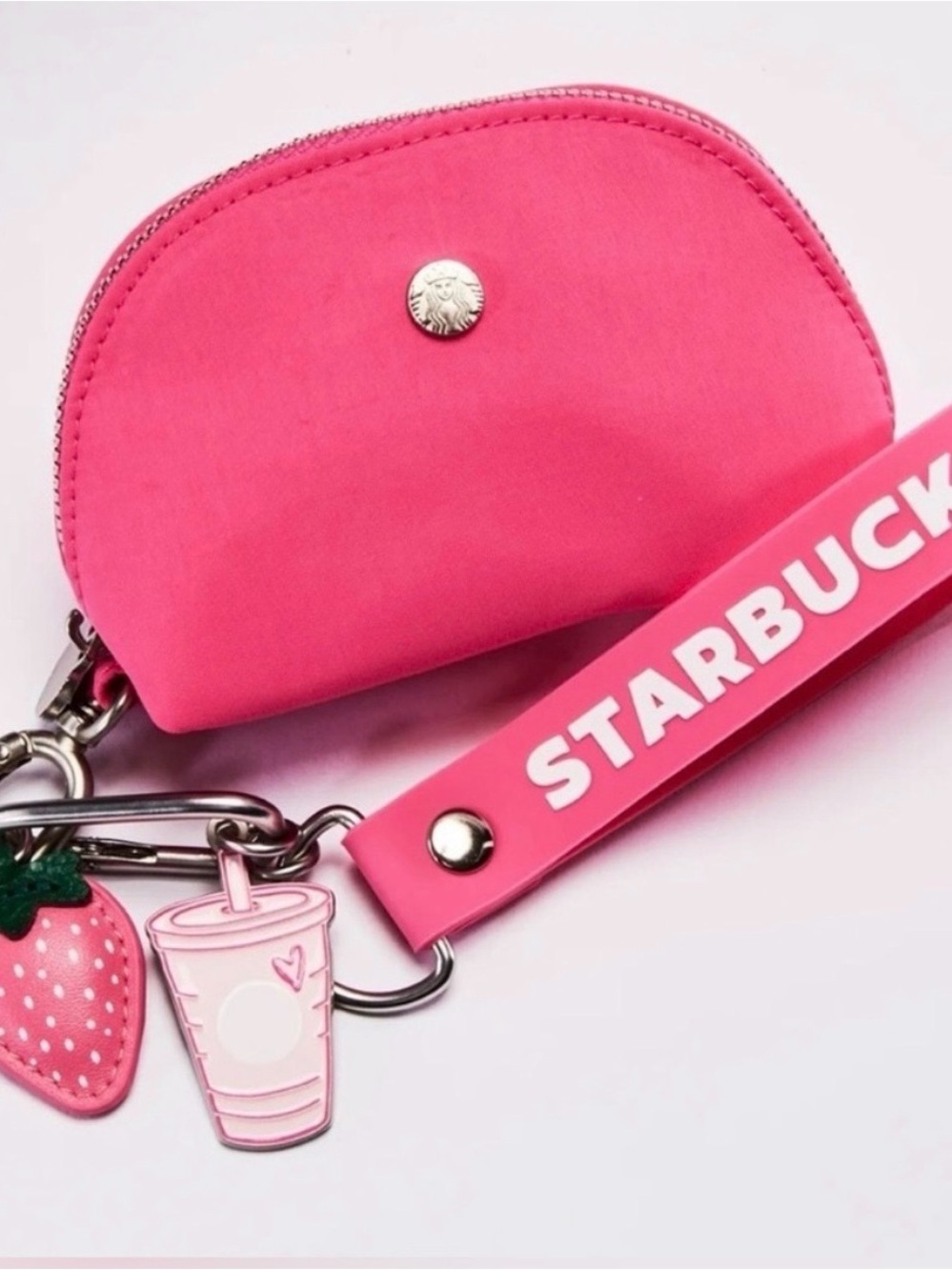 Starbucks Hot Pink Coin Pouch Keychain with Strawberry & Cup Charms
